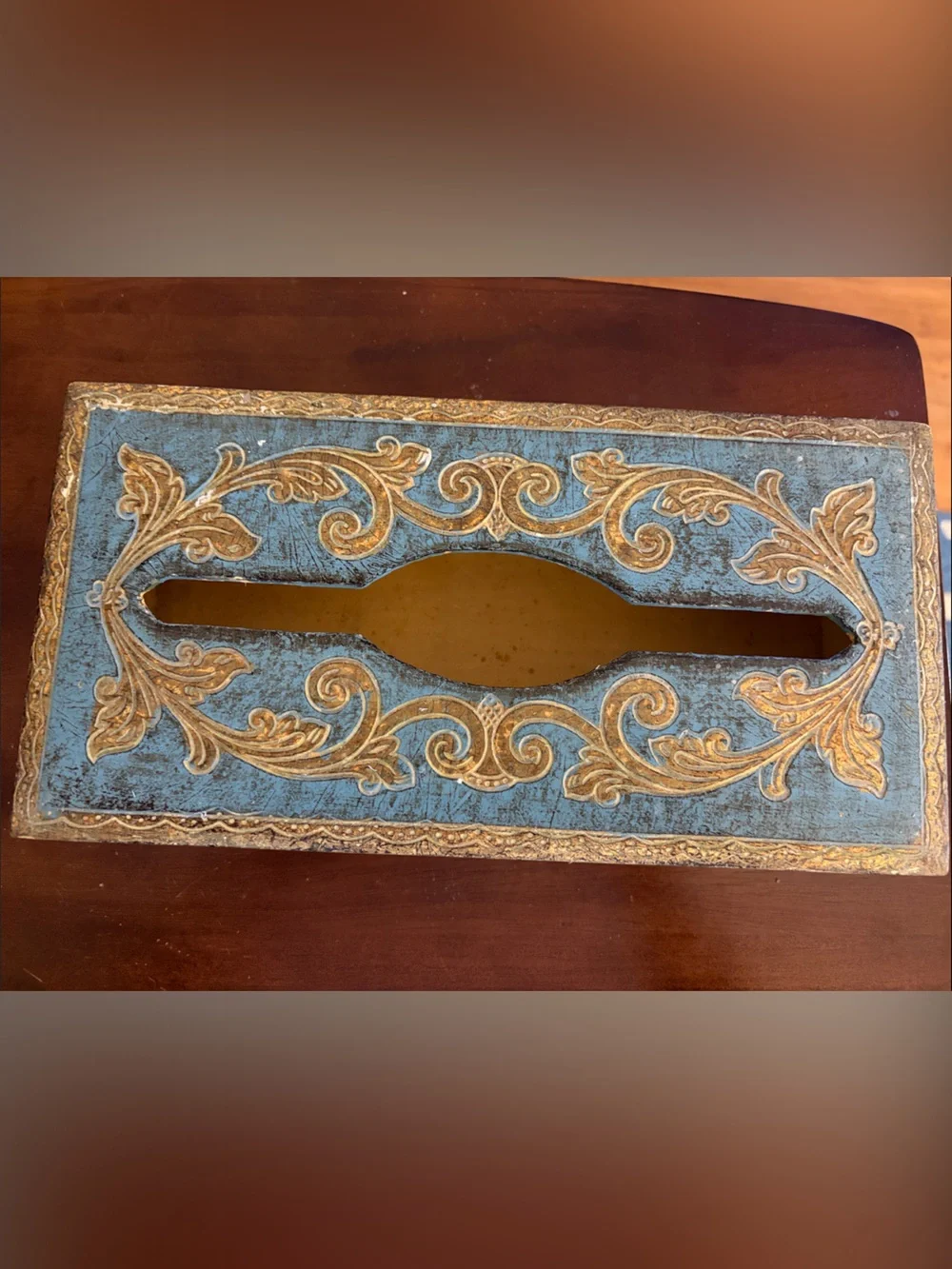 Vintage Italian Florentine Tissue Box Cover Aqua Blue Gold Gilt C.E. Italy